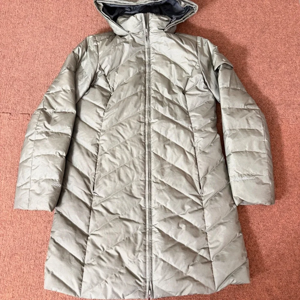 Eddie Bauer EB550 Down Parka Womens Small Olive Green Puffer Hooded Jacket Coat